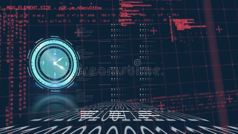 Animation of clock, binary coding and data processing on screen. Global data processing, digital interface and connections concept digitally generated video. Binary coding data processing video