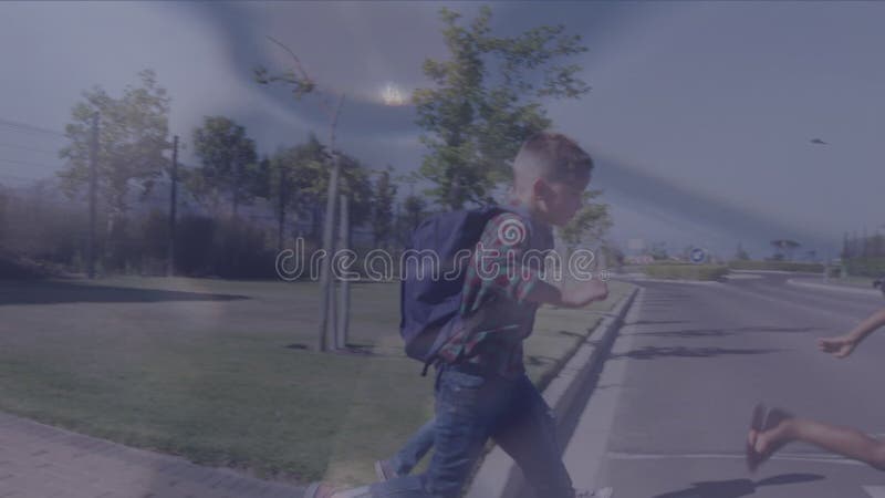 Animation of clock moving over diverse schoolchildren running