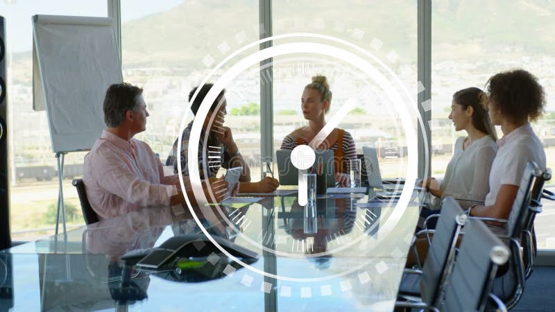 Animation of clock moving over happy diverse female and male coworkers having meeting stock video
