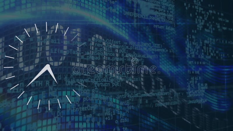 Animation of clock over binary code on digital display stock footage