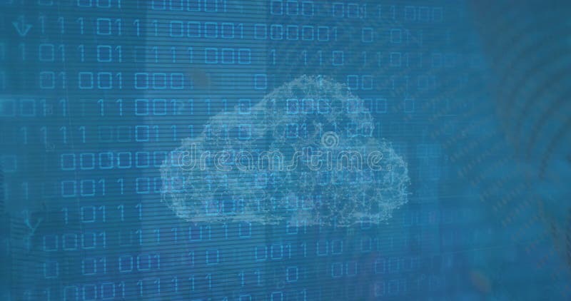 Animation of cloud and binary coding data processing. Global cloud computing, digital interface and data processing concept digitally generated video. Binary coding data processing video