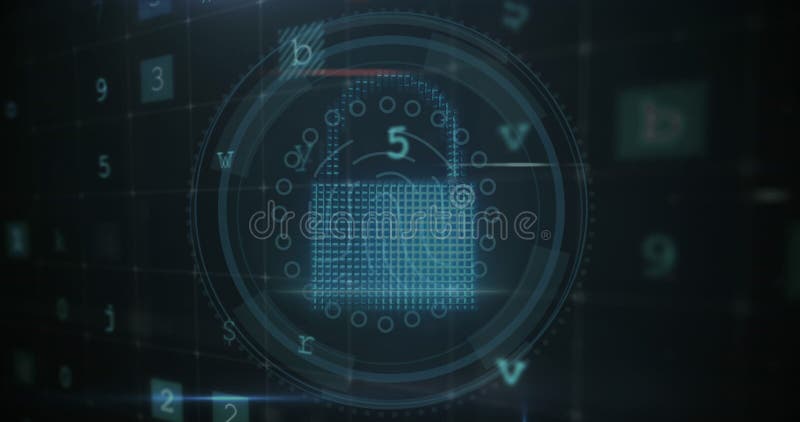 Animation of cloud, lock, shield in circles with multiple texts, number and symbols on grid stock video
