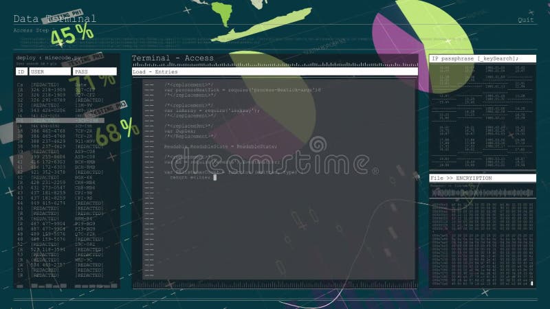 Animation of code in terminal window over abstract data visualization background vector illustration