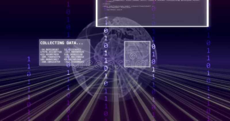 Animation of computer data processing, binary coding and globe. Global cloud computing and data processing concept digitally generated video. Binary coding data processing video