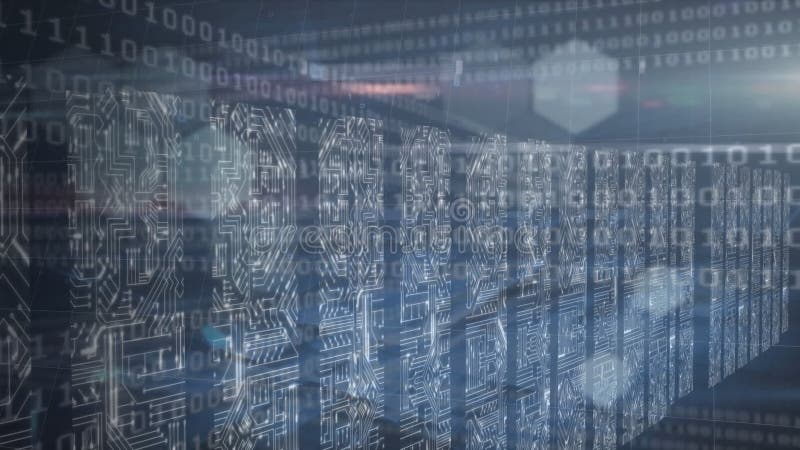 Animation of computer data processing and binary coding over computer servers in background. global computing and data processing concept digitally generated video. Binary coding data processing video