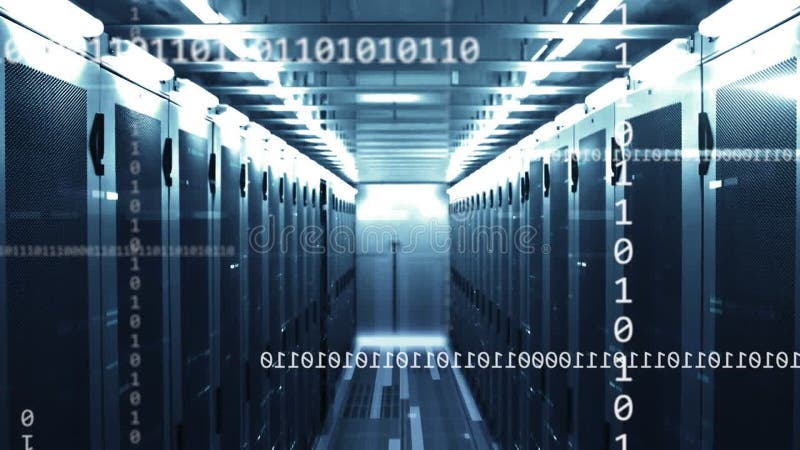 Animation of computer servers, binary coding and data processing. Global networks, digital interface, data processing and connections concept digitally generated video. Binary coding data processing video