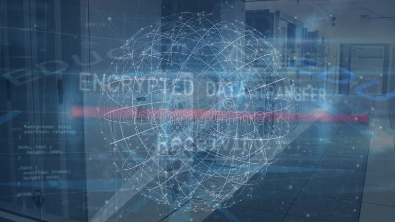 Animation of connections, globe and encrypted data over office corridor stock illustration