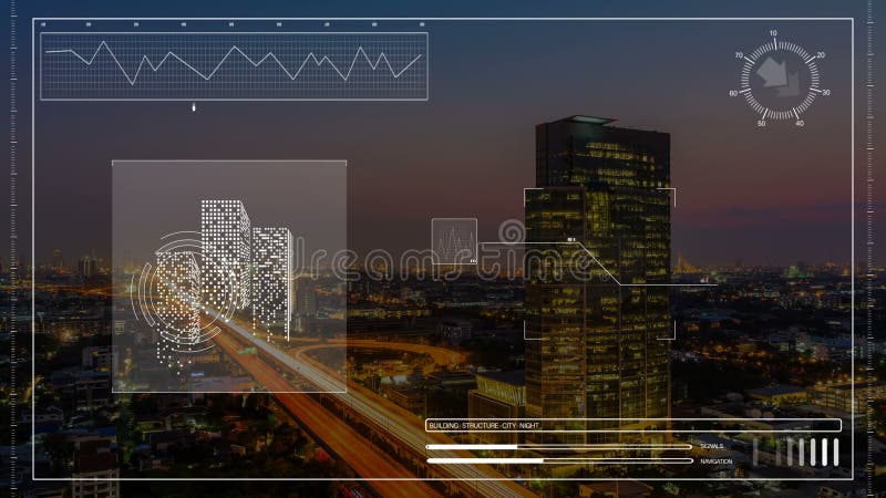 Animation of construction computer hologram analysis of skyscraper building in city night cityscape in engineering technology or scanning concept in 4k. Computer matrix video