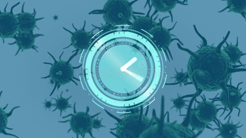 Digital clock icon and Covid-19 cells moving against blue background