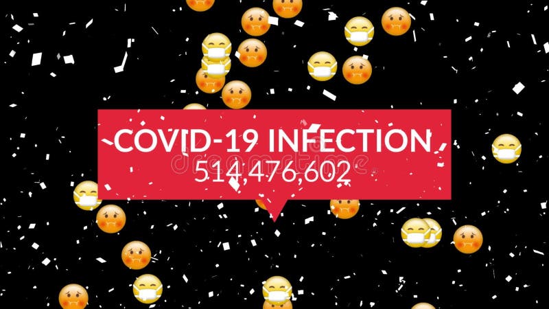 Animation covid 19 infections and falling emojis and confetti over black background royalty free illustration
