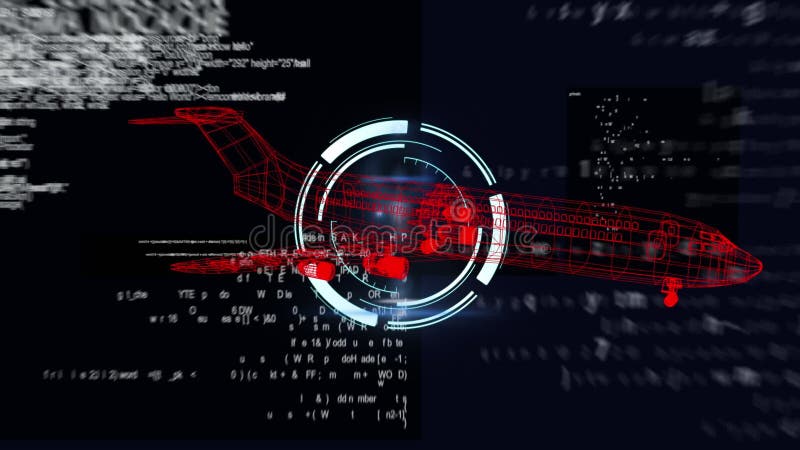 Animation of 3d aircraft drawing spinning with data processing in background royalty free illustration
