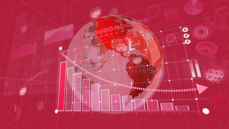 Animation of 3d covid 19 cells with globe and statistics on red background vector illustration
