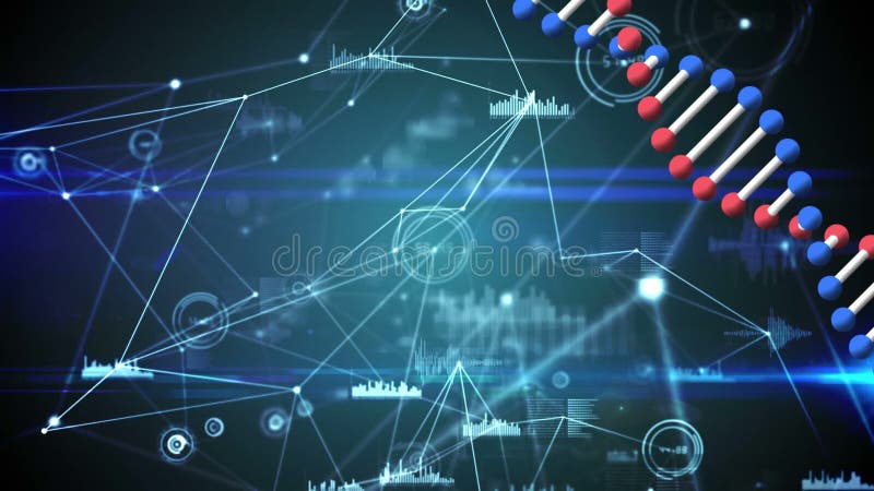 Animation of a double helix DNA strand rotating over network of connections in the background royalty free illustration