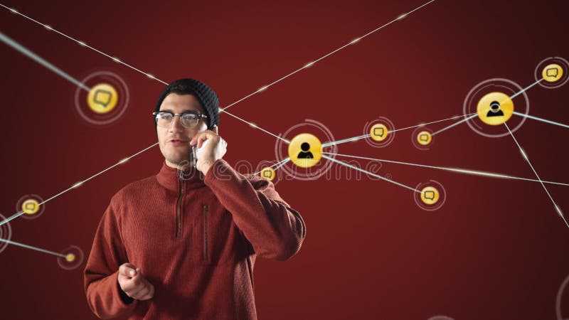 Animation d'homme métis souriant et parlant sur son portable avec les connexions réseau de personnes illustration de vecteur