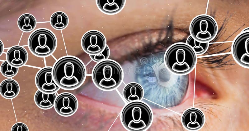 Animation d'icônes de personnes et de connexions au-dessus de près de l'oeil des femmes illustration libre de droits