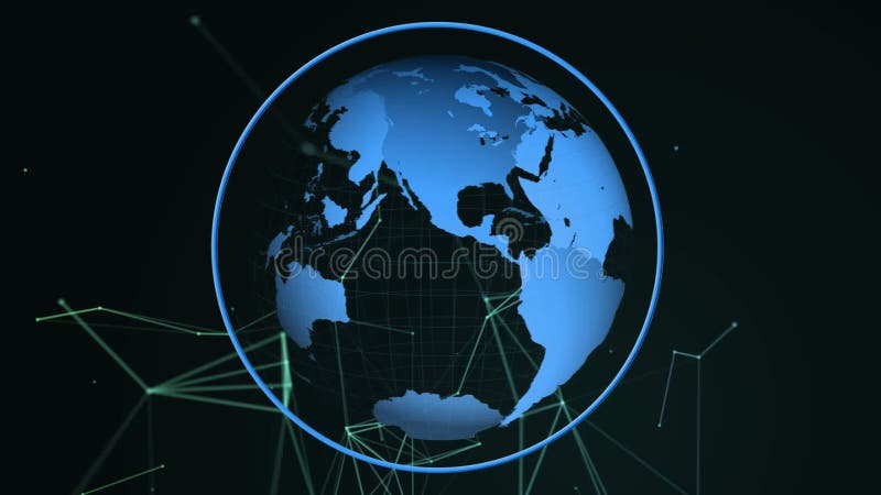 Animation d'un globe bleu en cercle bleu tournant avec le Web vert des connexions sur le fond noir illustration stock