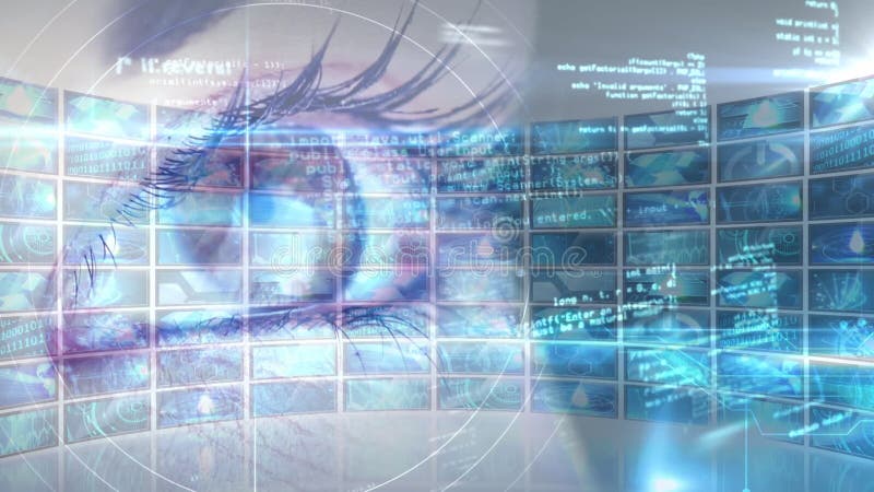 Animation d'un oeil humain avec données et informations se déplaçant sur plusieurs écrans illustration stock