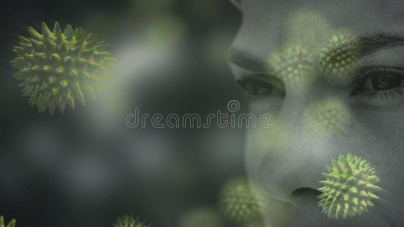 Animation d'un profil de femme du caucase avec la macro covid19 flottant de cellules. clips vidéos