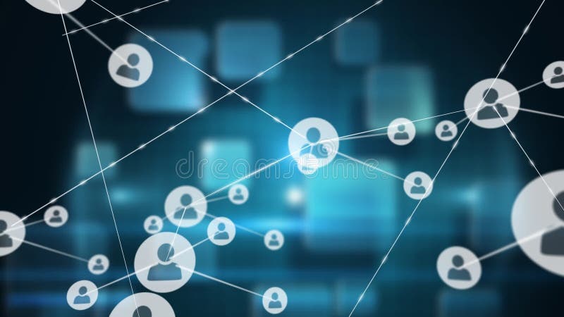 Animation d'un réseau croissant des connexions avec des icônes de personnes sur un fond noir avec le bleu squa illustration libre de droits