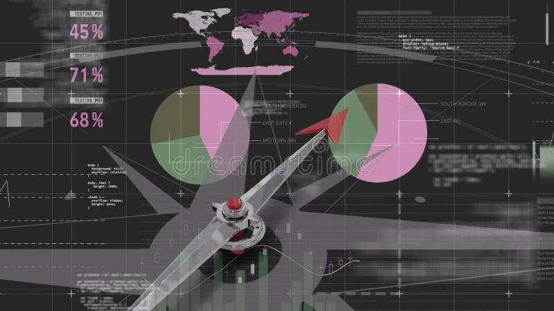 Animation d'une boussole contre à un tableau de bord de données financières illustration libre de droits