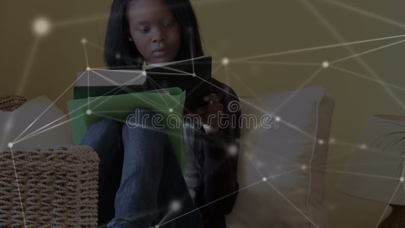 Animation d'une fille lisant un livre sur un réseau de connexions en arrière-plan illustration de vecteur