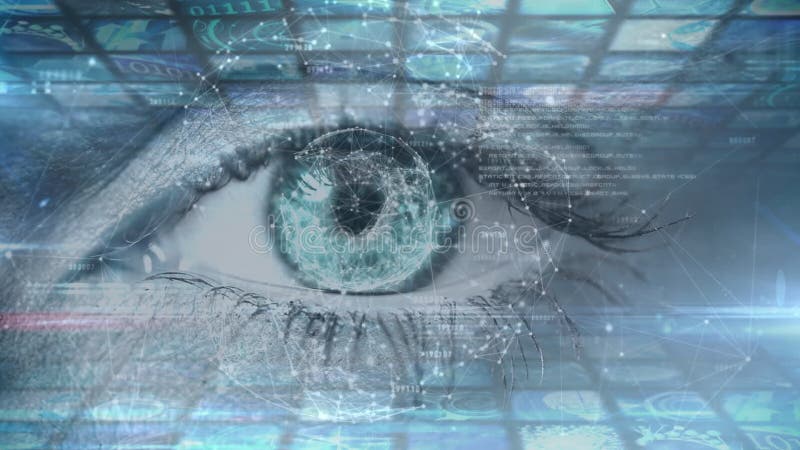 Animation d'une ouverture des yeux avec globe de connexions tournant sur plusieurs écrans illustration stock