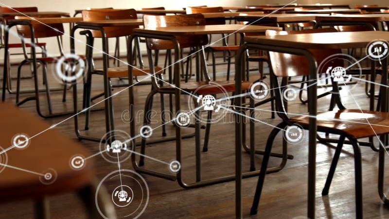 Animation d'une salle de classe vide sur un réseau de connexions en arrière-plan illustration stock