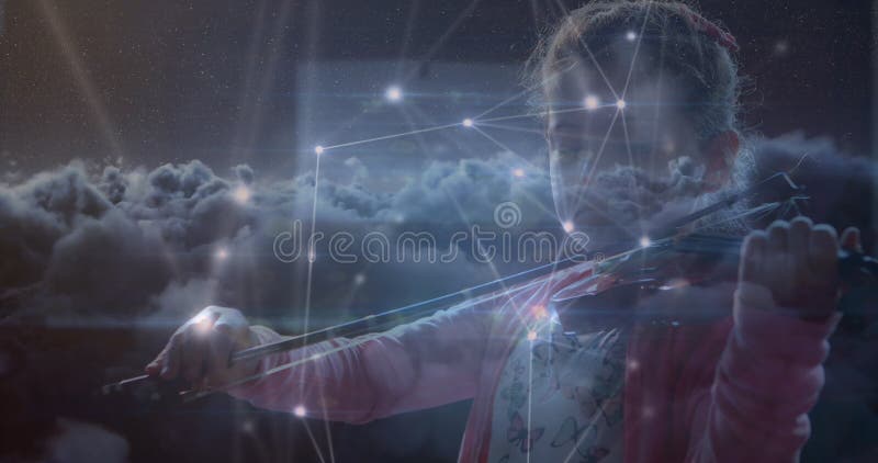 Animation d'une écolière caucasienne jouant du violon avec des connexions réseau et le traitement des données illustration de vecteur