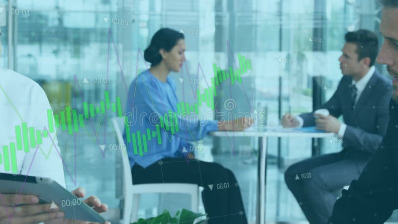 Animation of data processing against two diverse businessmen discussing in cafe at office stock video