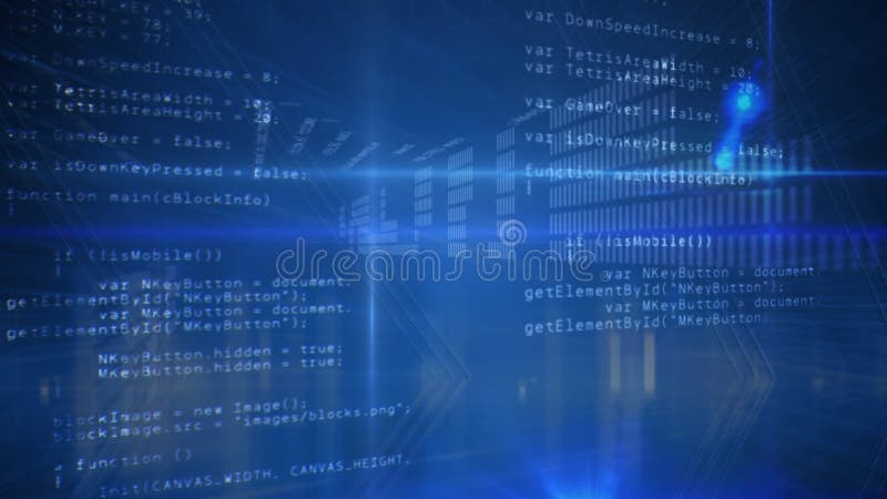 Animation of data processing and binary coding on blue background. global data processing and digital interface concept digitally generated video. Binary coding data processing video