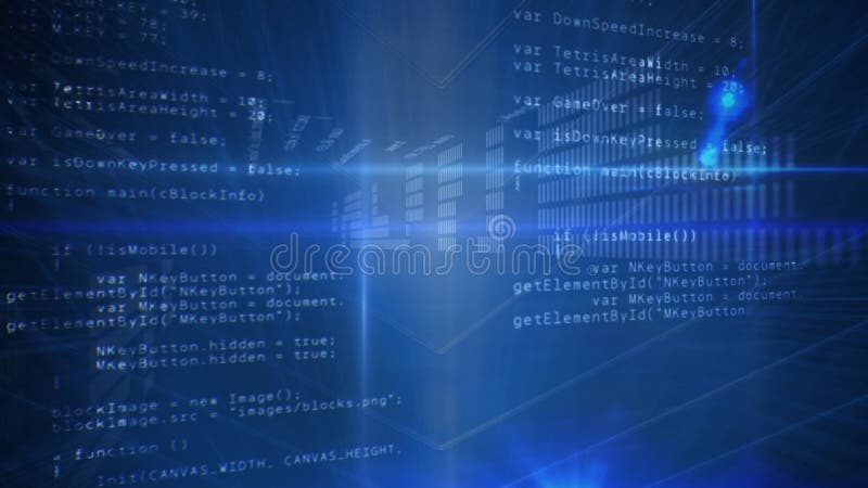 Animation of data processing and binary coding on blue background. global data processing and digital interface concept digitally generated video. Binary coding data processing video