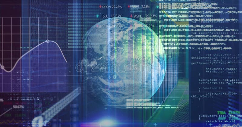 Animation of data processing, binary coding and globe over computer servers. global computing and data processing concept digitally generated video. Binary coding data processing video