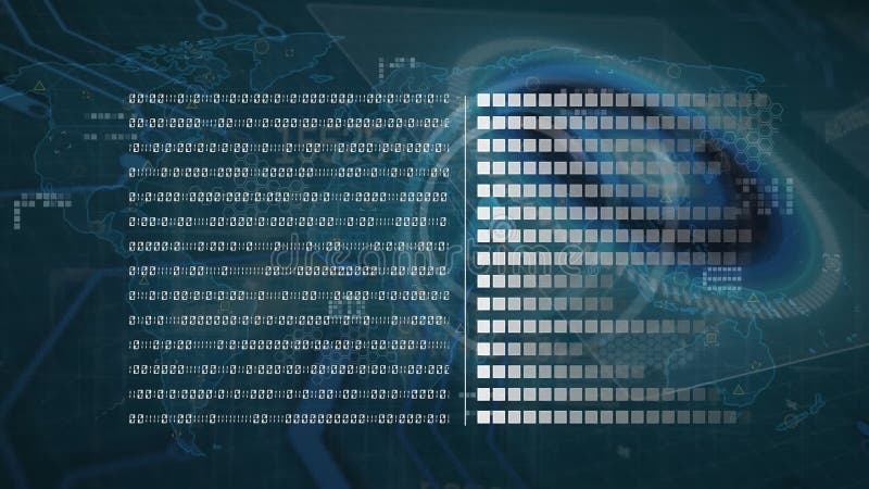 Animation of data processing and binary coding over clock. Global business, finances, computing and data processing concept digitally generated video. Binary coding data processing video