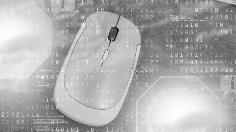 Animation of data processing and binary coding over computer mouse on grey background. global networking, data processing and digital interface concept digitally generated video. Binary coding data processing video