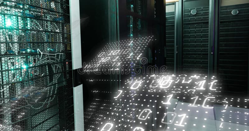 Animation of data processing binary coding over computer servers. Global computing, connections, digital interface and data processing concept digitally generated video. Binary coding data processing video