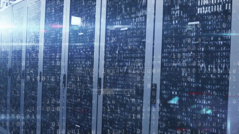 Animation of data processing binary coding over computer servers in background. global data processing, computing and digital interface concept digitally generated video. Binary coding data processing video
