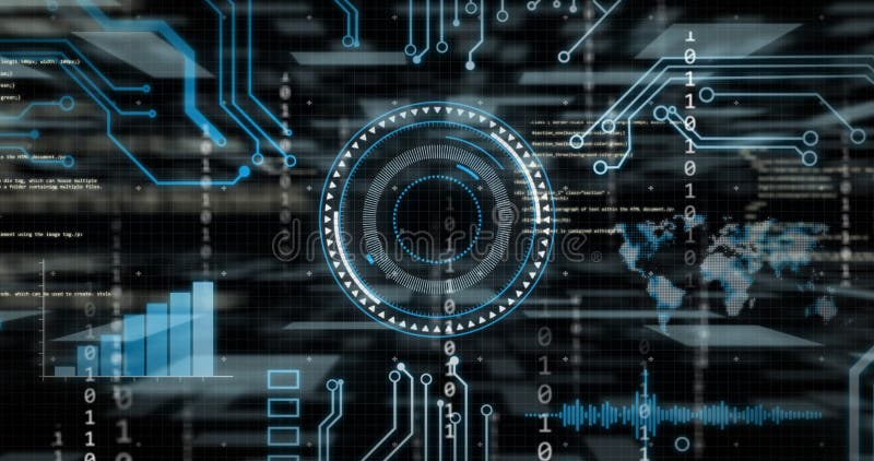 Animation of data processing and binary coding over grid. Global connections, business, cloud computing, digital interface and data processing concept digitally generated video. Binary coding data processing video