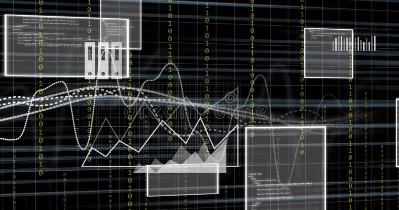 Animation of data processing and binary coding over grid. Global connections, business, cloud computing, digital interface and data processing concept digitally generated video. Binary coding data processing video