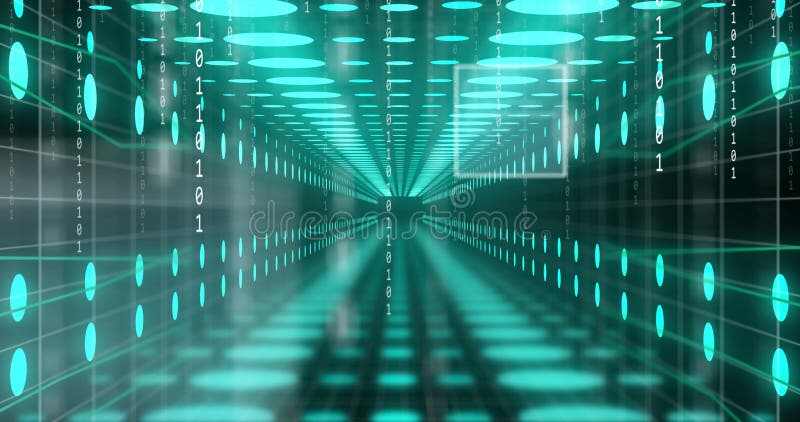 Animation of data processing and binary coding over grid. Global connections, business, cloud computing, digital interface and data processing concept digitally generated video. Binary coding data processing video