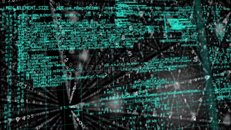Animation of data processing and binary coding over grid. global computing, data processing and digital interface concept digitally generated video. Binary coding data processing video
