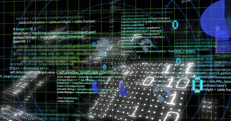 Animation of data processing and binary coding over grid. Global computing and data processing concept digitally generated video. Binary coding data processing video