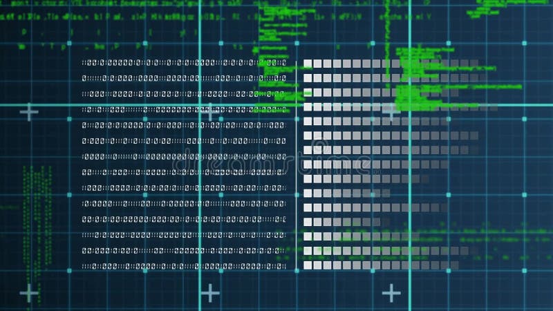 Animation of data processing and binary coding over grid. global computing, digital interface and data processing concept digitally generated video. Binary data processing animation video