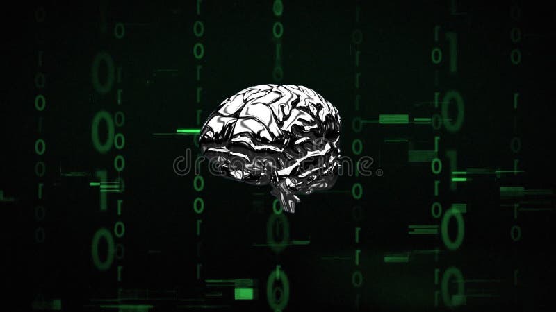 Animation of data processing and binary coding over human brain. Global cloud computing, digital interface and data processing concept digitally generated video. Binary coding data processing video