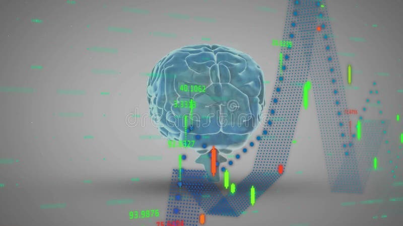 Animation of data processing and diagrams over brain vector illustration