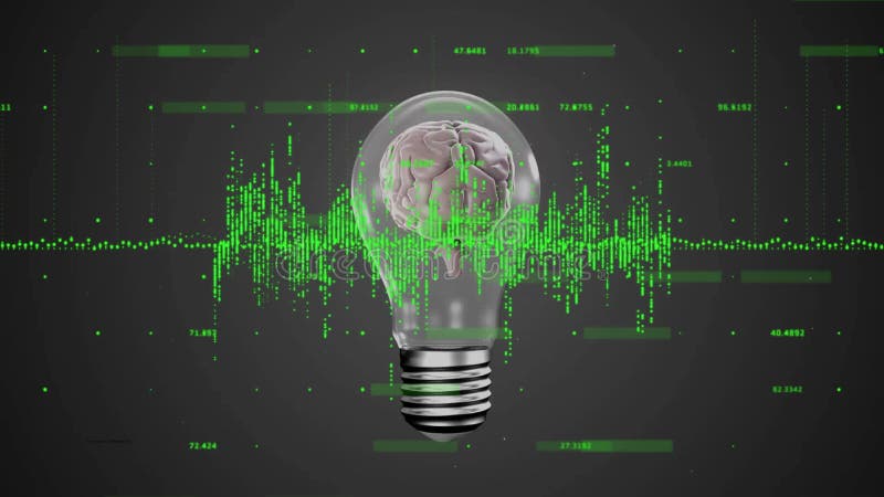 Animation of data processing and diagrams over brain in lightbulb royalty free illustration
