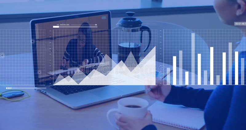 Animation of data processing and diagrams over diverse female teacher and student having video call stock footage