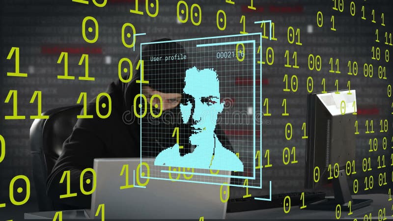 Animation of data processing and icons over caucasian male hacker stock video footage