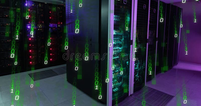 Animation of data processing over binary coding and computer servers. Global computing, digital interface and data processing concept digitally generated video. Binary coding data processing video