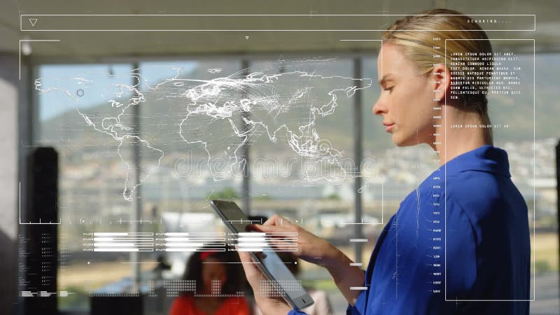 Animation of data processing over caucasian businesswoman using digital tablet at office stock video