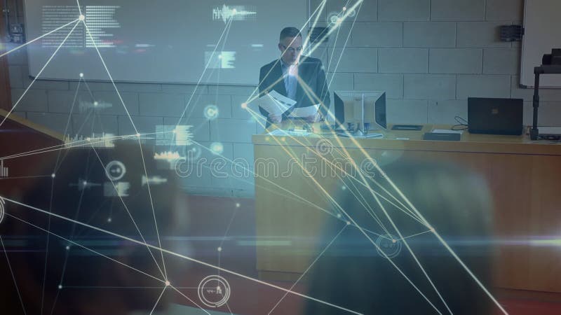Animation of data processing over caucasian male teacher with students stock video